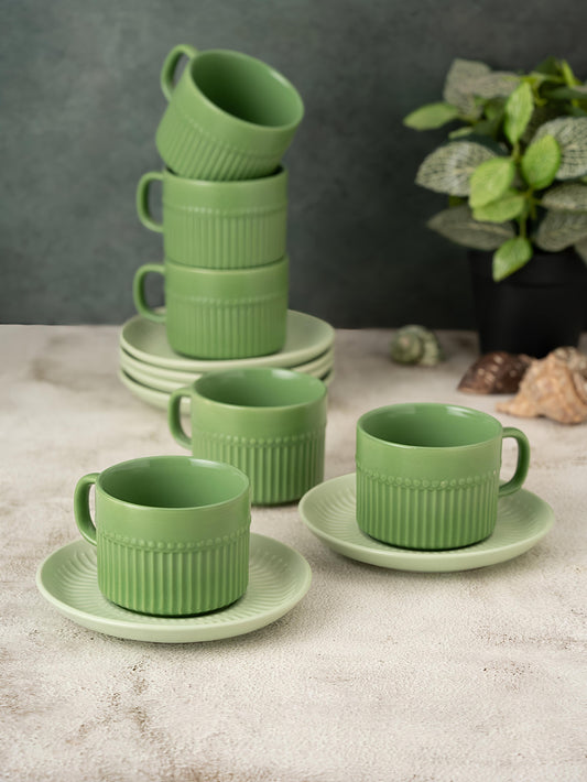 Claycraft Crimson Matte Pebble Green Ceramic Cup & Saucer Set | 12-Piece Tea Set (210ml)