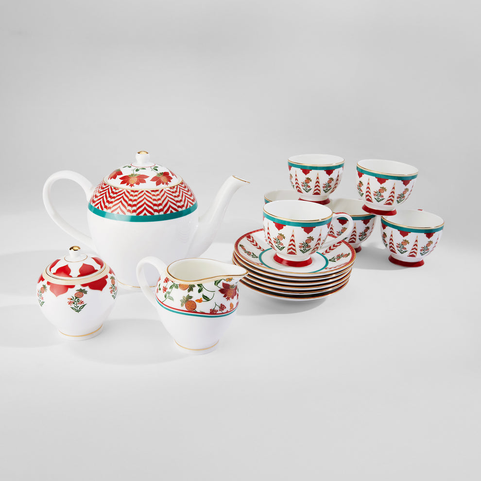 Claycraft India Circus Blushed Orchard Olive Ceramic Tea Set | 22k Gold Accents | Cup (150 ml), Teapot (1.3 Ltr), Sugar Pot (190 ml), Milk Pot (200 ml)