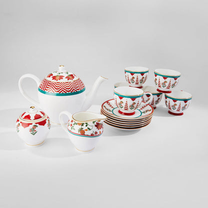 Claycraft India Circus Blushed Orchard Olive Ceramic Tea Set | 22k Gold Accents | Cup (150 ml), Teapot (1.3 Ltr), Sugar Pot (190 ml), Milk Pot (200 ml)