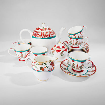 Claycraft India Circus Blushed Orchard Olive Ceramic Tea Set | 22k Gold Accents | Cup (150 ml), Teapot (1.3 Ltr), Sugar Pot (190 ml), Milk Pot (200 ml)