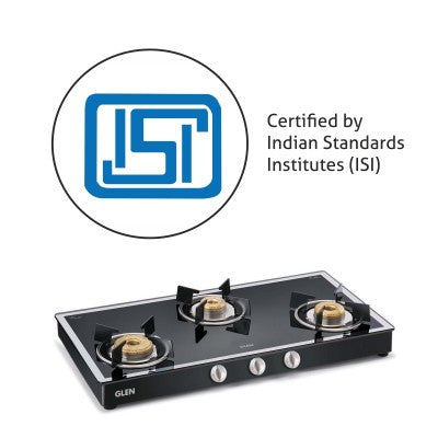 3 Burner Mirror Finish Glass Gas Stove with High Flame Forged Brass Burner Black (1038GT FBM BL) - Manual/Auto Ignition