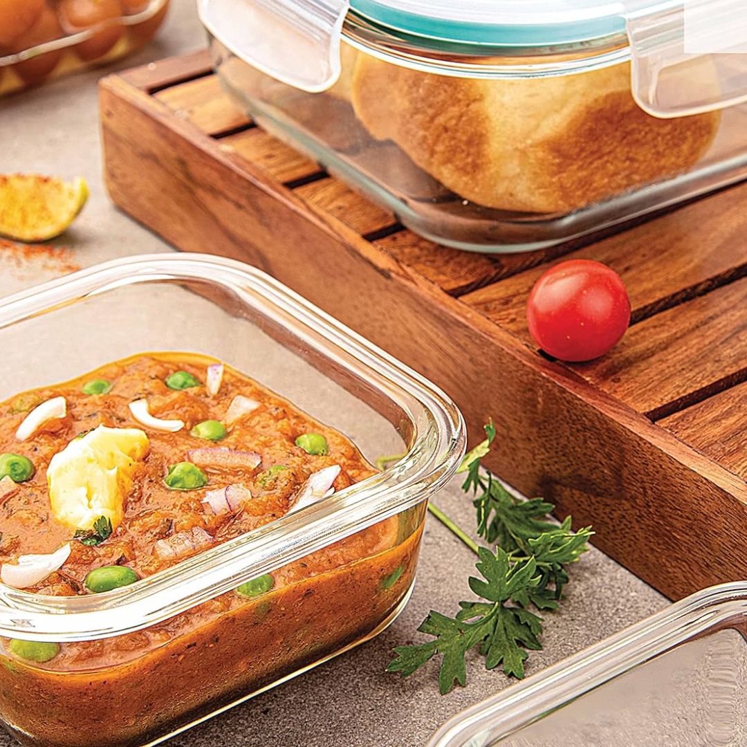 KAIROS Glass Bento Lunch Box with Two Compartments and Travel Bag (320 ml) | Ideal for Office & Kids | Perfect for Meal prep