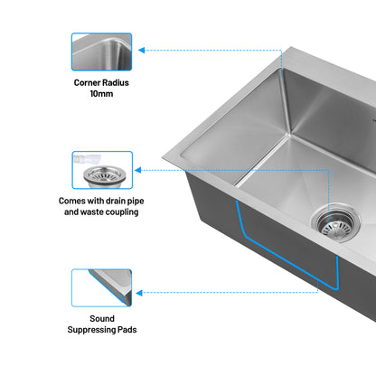 GLEN Stainless Steel Grade 304 Sink for Kitchen | Single Bowl Handmade Sink with Full Faucet Deck 24x18x9 inches |Matte Finish (KS-SH24189SBFFDM)