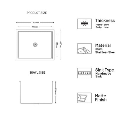 GLEN Stainless Steel Grade 304 Sink for Kitchen | Single Bowl Handmade Sink 30x18x9 inches | Matte Finish (KS-SH30189SBM)