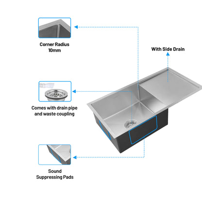 GLEN Stainless Steel Grade 304 Sink for Kitchen | Single Bowl Handmade Sink with Side Drain Board 36x20x9 inches | Matte Finish (KS-SH36209SBSDM)