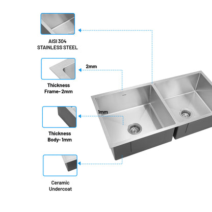 GLEN Premium Stainless Steel Grade 304 Kitchen Sink | Double Bowl Handmade Sink 37x18x9 inches | Matte Finish, Durable, Rust-Resistant & Easy-to-Clean – Perfect for Modern Kitchens (KS-SH37189DBM)