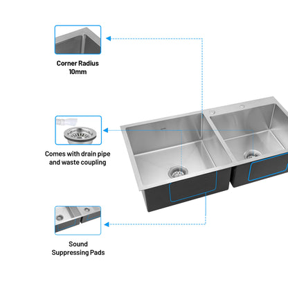 GLEN Stainless Steel Grade 304 Sink for Kitchen | Double Bowl Handmade Sink with Half Faucet Deck 32x18x9 inches | Matte Finish (KS-SH32189DBHFDM)
