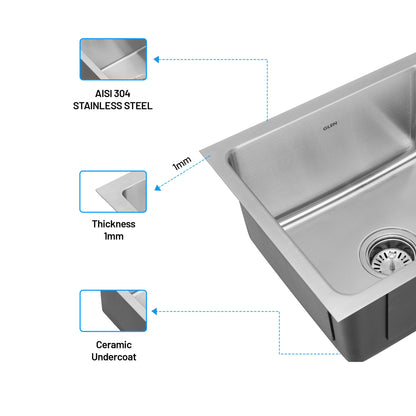 GLEN Stainless Steel Grade 304 Sink for Kitchen | Single Bowl Press Sink 18x16x9 inches | Matte Finish (KS-SP18169SBM)