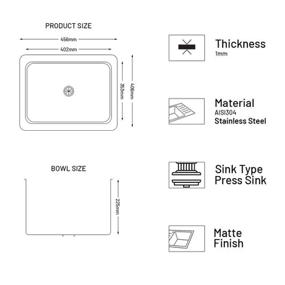 GLEN Stainless Steel Grade 304 Sink for Kitchen | Single Bowl Press Sink 18x16x9 inches | Matte Finish (KS-SP18169SBM)