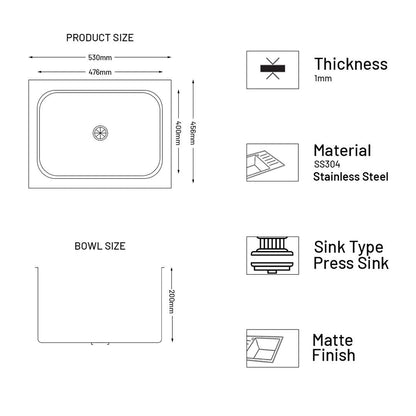 GLEN Stainless Steel Grade 304 Sink for Kitchen | Single Bowl Press Sink 21x18x8 inches, Matte Finish (KS-SP21188SBM)