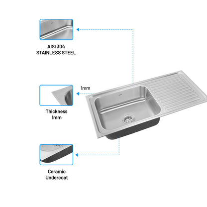 GLEN Stainless Steel Grade 304 Sink for Kitchen | Single Bowl Press Sink with Side Drain Board | Matte Finish (KS-SP36208SBSDM)