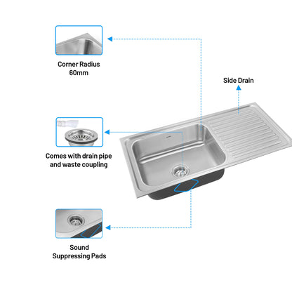GLEN Stainless Steel Grade 304 Sink for Kitchen | Single Bowl Press Sink with Side Drain Board | Matte Finish (KS-SP36208SBSDM)