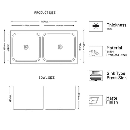 GLEN Stainless Steel Grade 304 Sink for Kitchen, Double Bowl Press Sink 37x18x9 inches, Matte Finish (KS-SP37189DBSM)