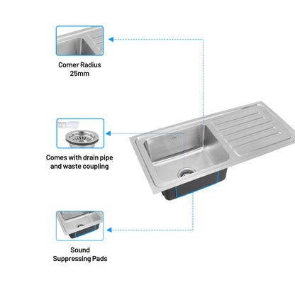 GLEN Stainless Steel Grade 304 Sink for Kitchen | Single Bowl Press Sink with Side Drain Board 40x20x8 inches, Matte Finish (KS-SP40208SBSDM)