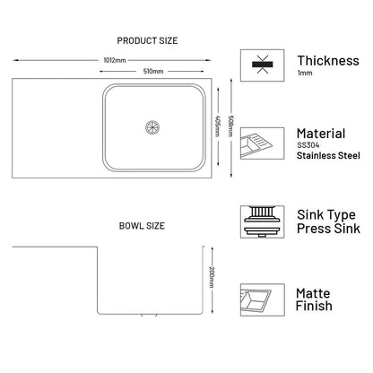 GLEN Stainless Steel Grade 304 Sink for Kitchen | Single Bowl Press Sink with Side Drain Board 40x20x8 inches, Matte Finish (KS-SP40208SBSDM)
