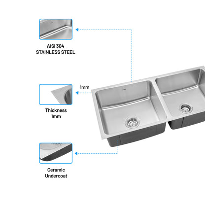 GLEN Stainless Steel Grade 304 Sink for Kitchen | Double Bowl Press Sink Low Radius 45x20x10 inches | Matte Finish (KS-SP452010DBLRM)