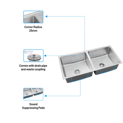 GLEN Stainless Steel Grade 304 Sink for Kitchen | Double Bowl Press Sink Low Radius 45x20x10 inches | Matte Finish (KS-SP452010DBLRM)