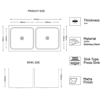 GLEN Stainless Steel Grade 304 Sink for Kitchen | Double Bowl Press Sink 45x20x9 inches | Matte Finish (KS-SP45209DBM)