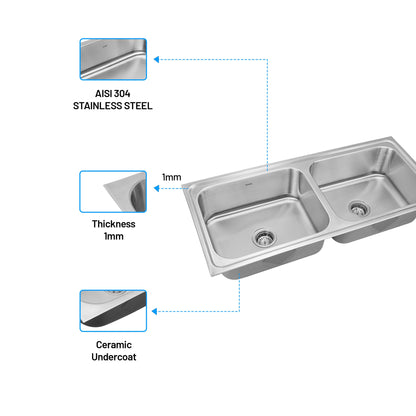 GLEN Stainless Steel Grade 304 Sink for Kitchen | Double Bowl Press Sink 45x20x9 inches | Glossy Finish (KS-SP45209DBG)