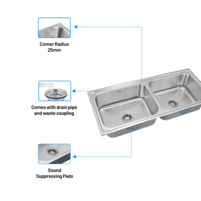 GLEN Stainless Steel Grade 304 Sink for Kitchen | Double Bowl Press Sink 45x20x9 inches | Glossy Finish (KS-SP45209DBG)
