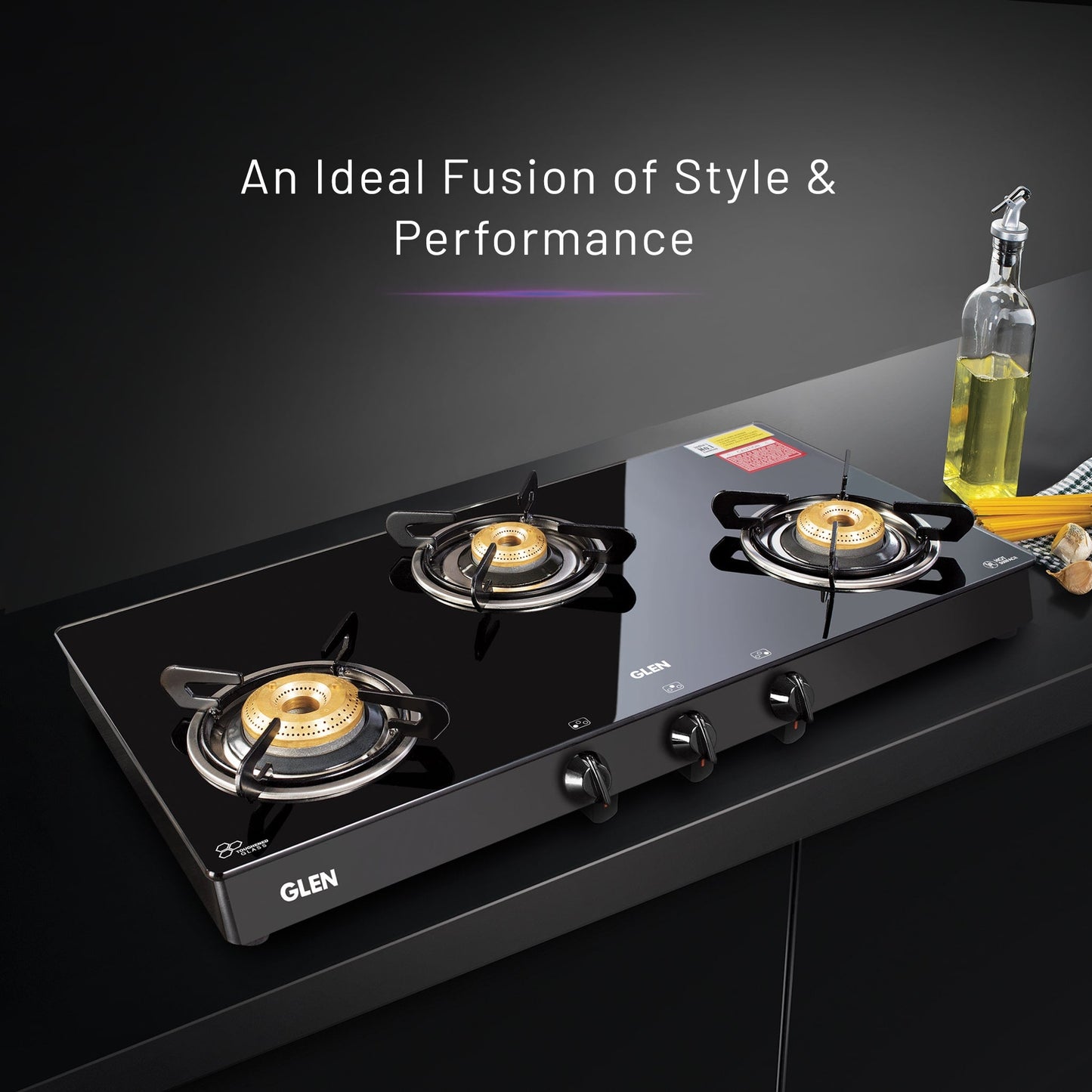 3 Burner Glass Gas Stove with High Flame Brass Burner - Manual/Auto Ignition (1038GTBBBL)