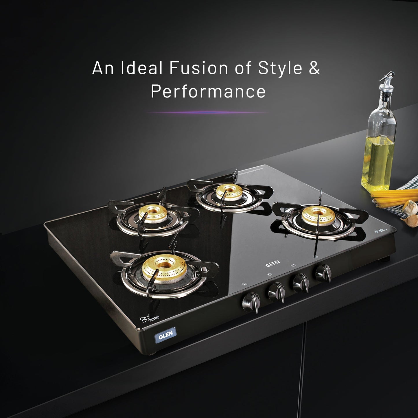 4 Burner Glass Gas Stove with High Flame Brass Burner - Manual/Auto Ignition (1048GT)
