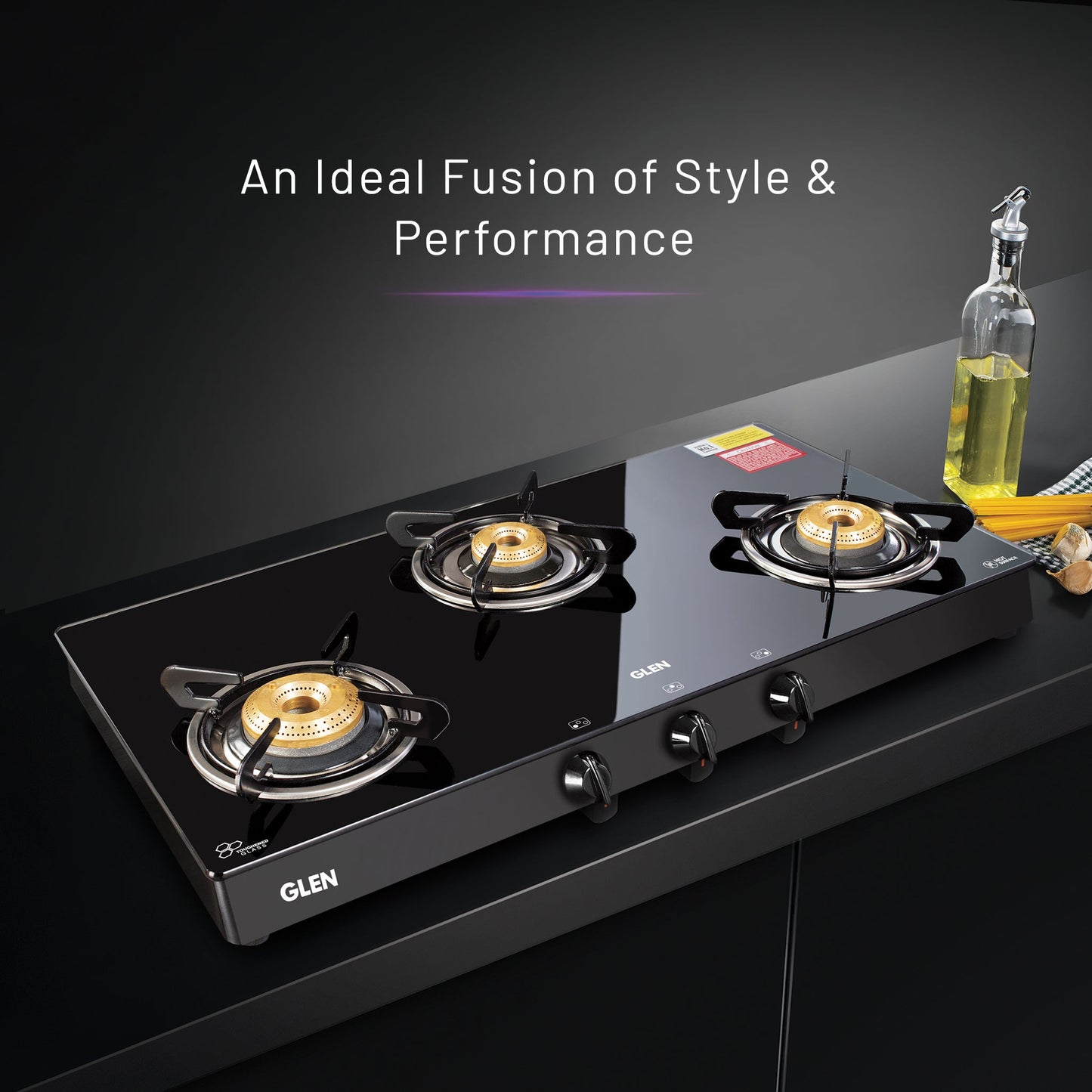 3 Burner Glass Gas Stove with High Flame Brass Burner - Manual/Auto Ignition (1038GTBBBL)