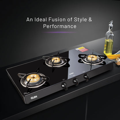 3 Burner Glass Gas Stove with High Flame Brass Burner - Manual/Auto Ignition (1038GTBBBL)