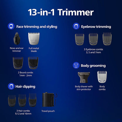 PHILIPS Series 7000 Multigroom Trimmer Skin Safe Grooming for Private Parts I 13 in 1 , Twin Trim All Metal Steel Blades , 120 min Runtime (MG5930/65)