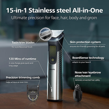 PHILIPS Series 9000 15 in 1 Pro Kit Face, Body & Private Parts | Premium All Metal Body | 120 mins. runtime (MG9551/65)