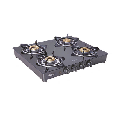 4 Burner Glass Gas Stove with Brass Burner Auto Ignition, Black (1043 GT BB BL AI)