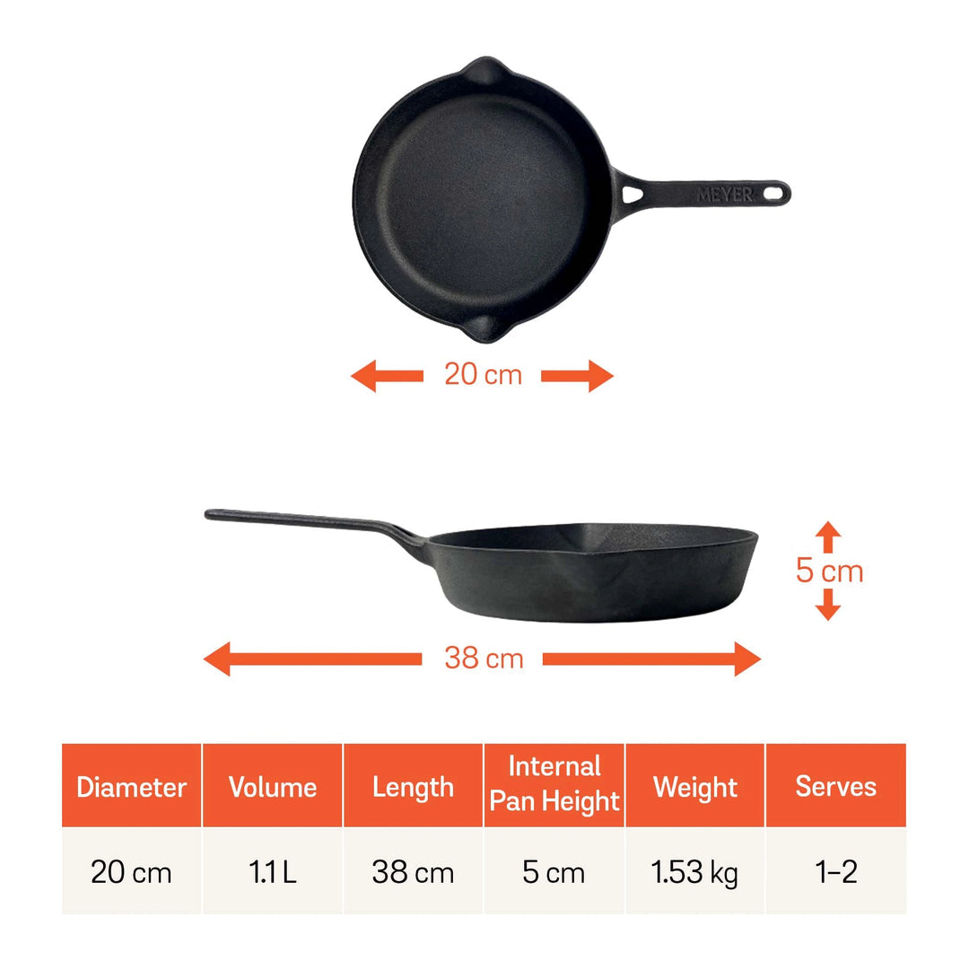 Meyer Pre-Seasoned Cast Iron 2pcs Set (20cm Frypan/Skillet + 28cm Flat Dosa Tawa)