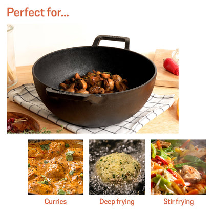 Meyer Pre Seasoned Cast Iron Deep Kadai/Wok with Glass Lid (20cm, 24cm)