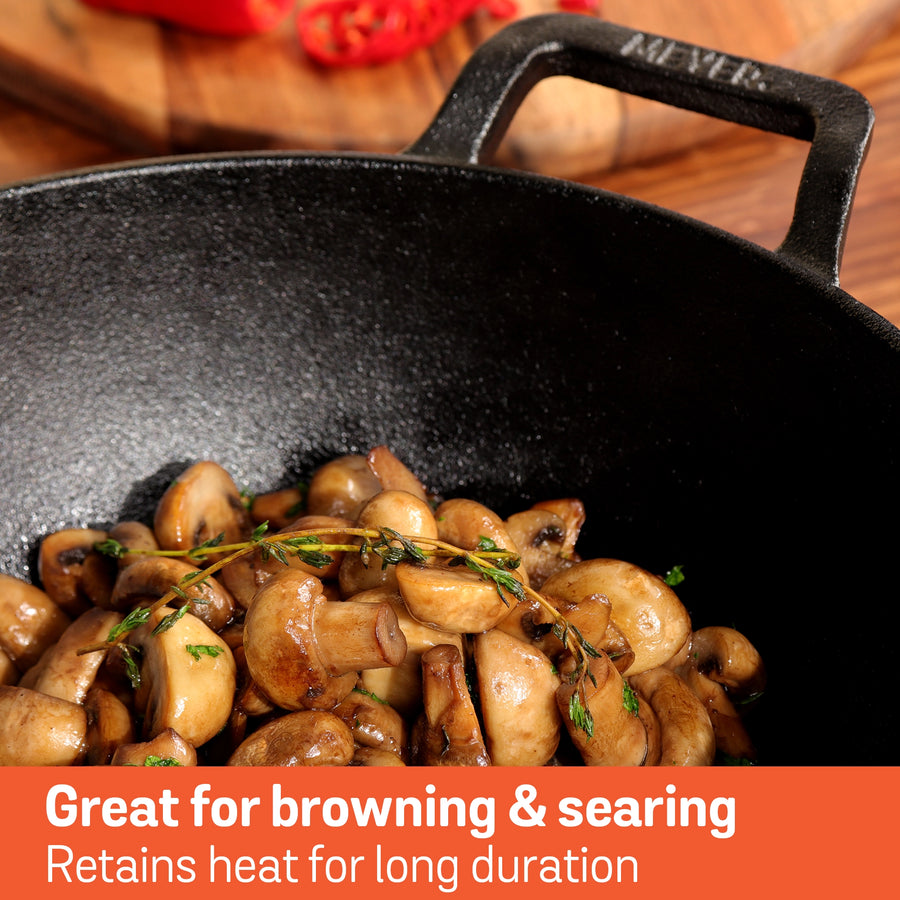 Meyer Pre Seasoned Cast Iron Deep Kadai/Wok with Glass Lid (20cm, 24cm)