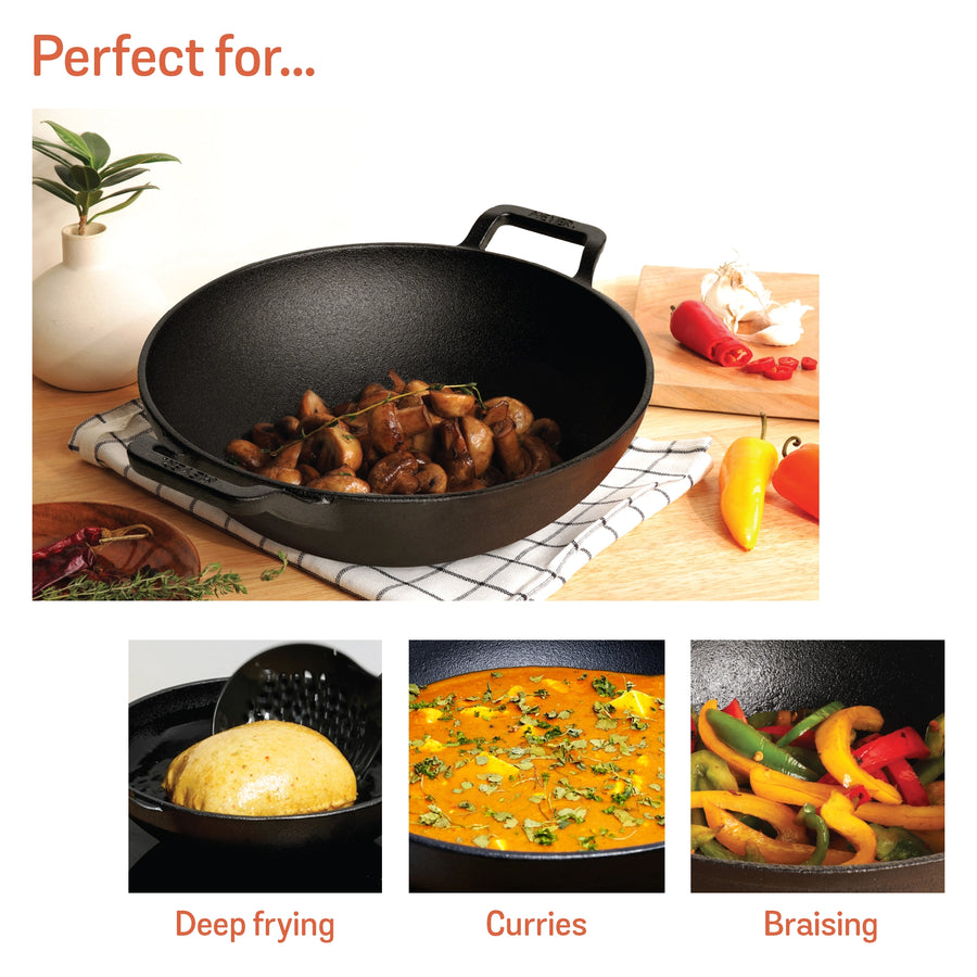 Meyer Pre Seasoned Cast Iron curved Kadai without Lid (Multiple Sizes)