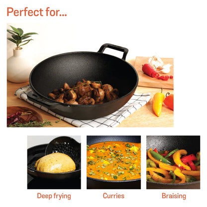 Meyer Pre Seasoned Cast Iron curved Kadai without Lid (Multiple Sizes)