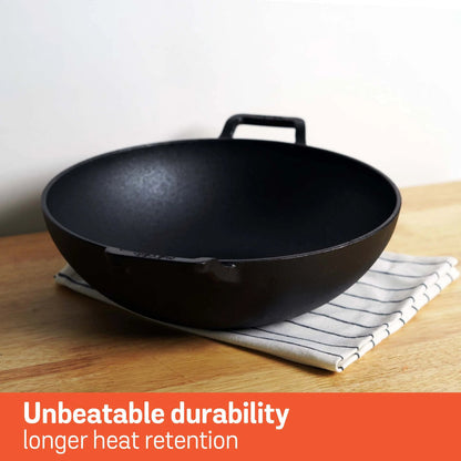 Meyer Pre Seasoned Cast Iron curved Kadai without Lid (Multiple Sizes)