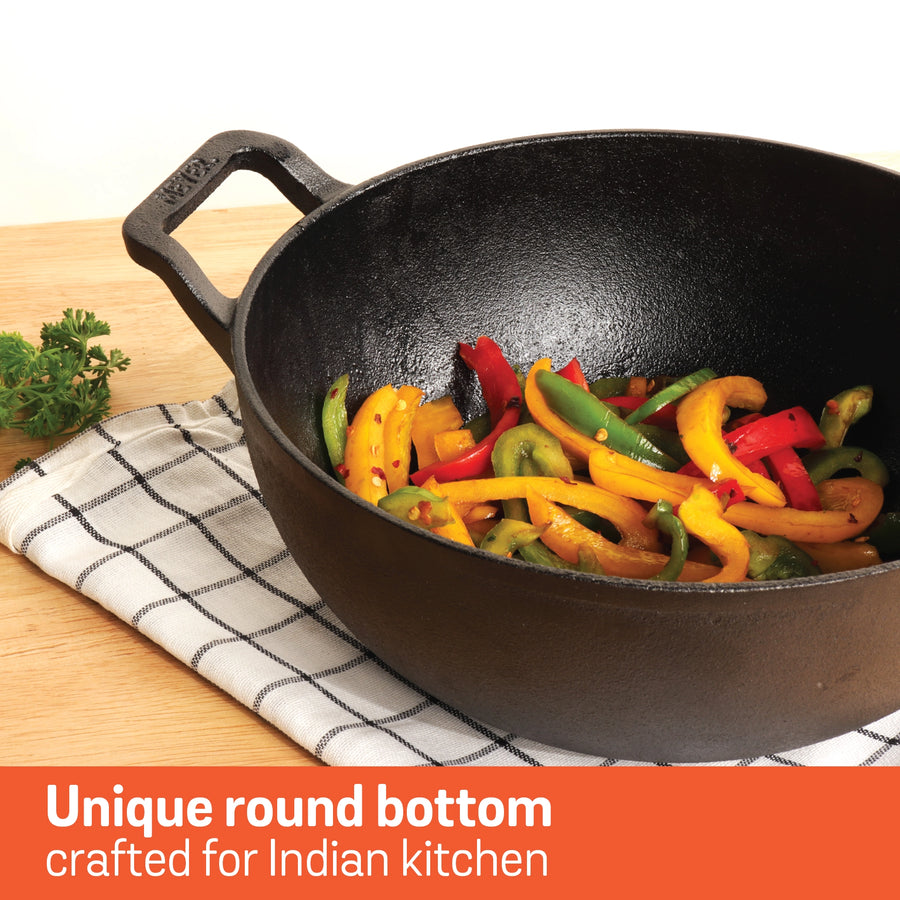 Meyer Pre Seasoned Cast Iron curved Kadai without Lid (Multiple Sizes)