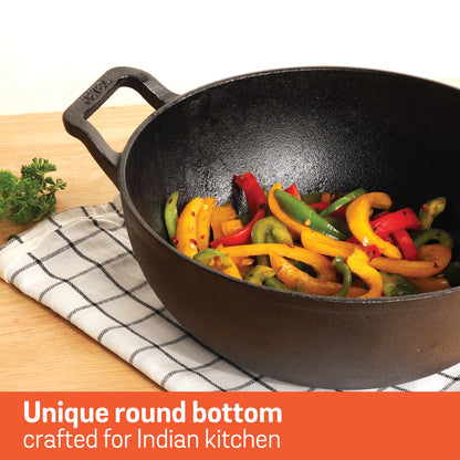 Meyer Pre Seasoned Cast Iron curved Kadai without Lid (Multiple Sizes)