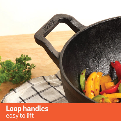 Meyer Pre Seasoned Cast Iron curved Kadai without Lid (Multiple Sizes)