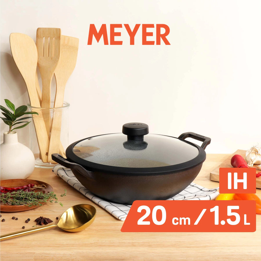 Meyer Pre Seasoned Cast Iron shallow Kadai With Glass Lid (Multiple Sizes)