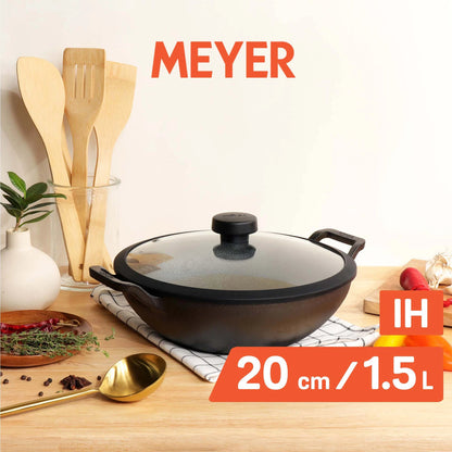 Meyer Pre Seasoned Cast Iron shallow Kadai With Glass Lid (Multiple Sizes)