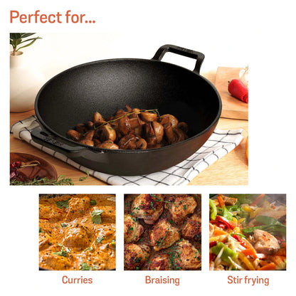 Meyer Pre Seasoned Cast Iron shallow Kadai With Glass Lid (Multiple Sizes)