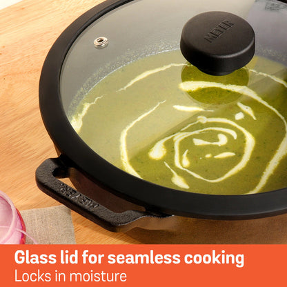 Meyer Pre Seasoned Cast Iron shallow Kadai With Glass Lid (Multiple Sizes)