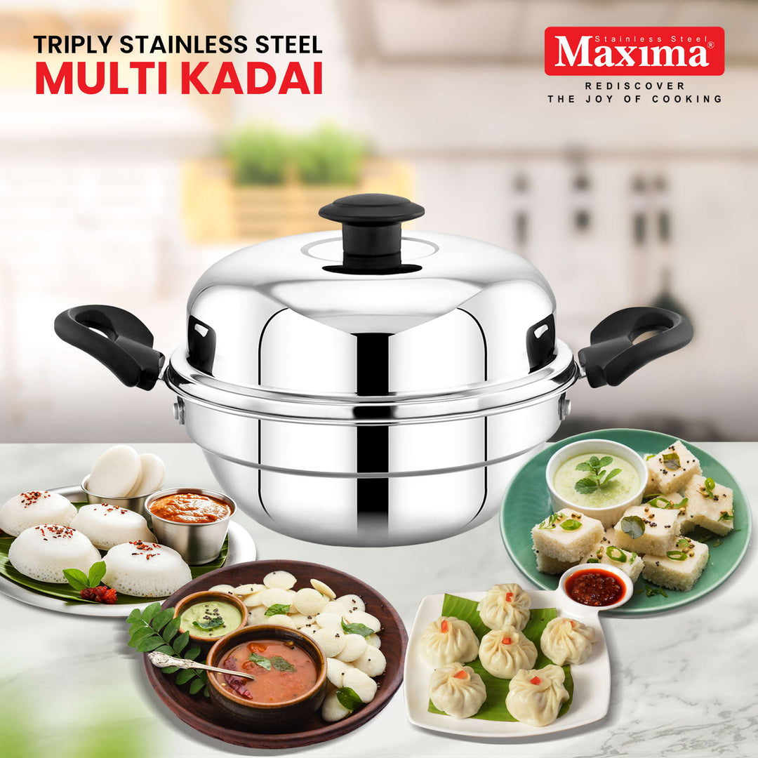 Maxima Triply Stainless Steel Multi Kadai, 20cm (Induction Friendly)