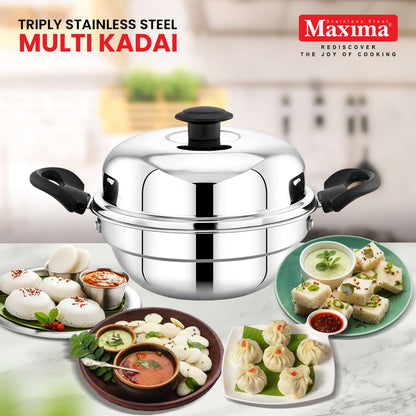 Maxima Triply Stainless Steel Multi Kadai, 20cm (Induction Friendly)
