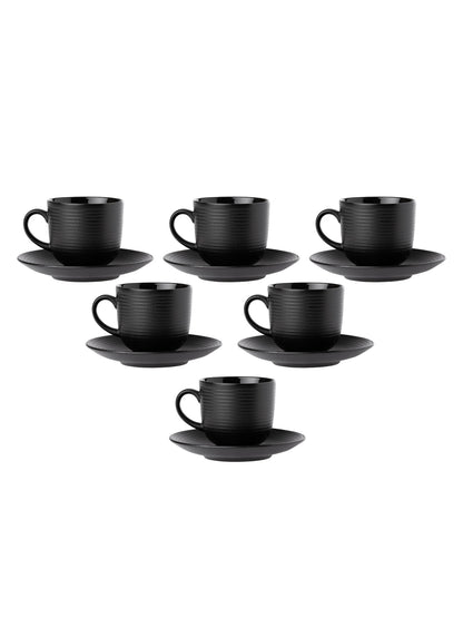 Claycraft Horizon Pebble Black Cup & Saucer, Set of 12 (6 Cups + 6 Saucers) (220 ml)