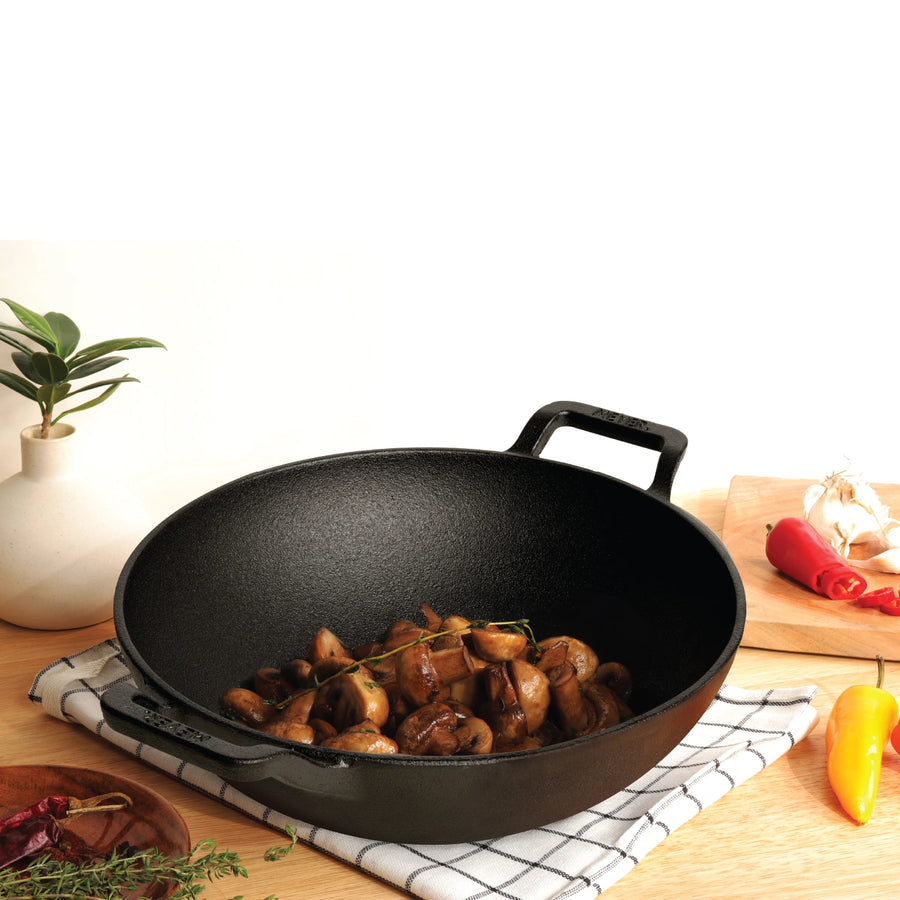 Meyer Pre Seasoned Cast Iron curved Kadai without Lid (Multiple Sizes)