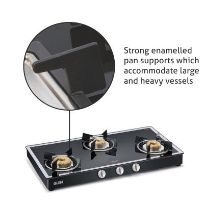 3 Burner Mirror Finish Glass Gas Stove with High Flame Forged Brass Burner Black (1038GT FBM BL) - Manual/Auto Ignition