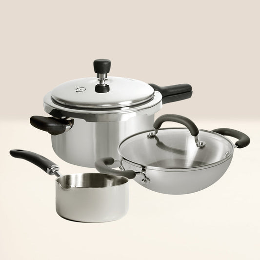 MEYER 3pcs Cookware Set (Presta 5.5L Pressure Cooker+22cm Steel Kadai+14cm Steel Milkpan)